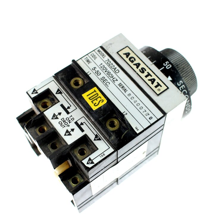 AGASTAT E7022AD003 TIMING Реле времени Реле времени AGASTAT E7022AD003 120VAC 60Hz, диапазон 5–50 с, двухполюсное переключающее (OFF‑DELAY)